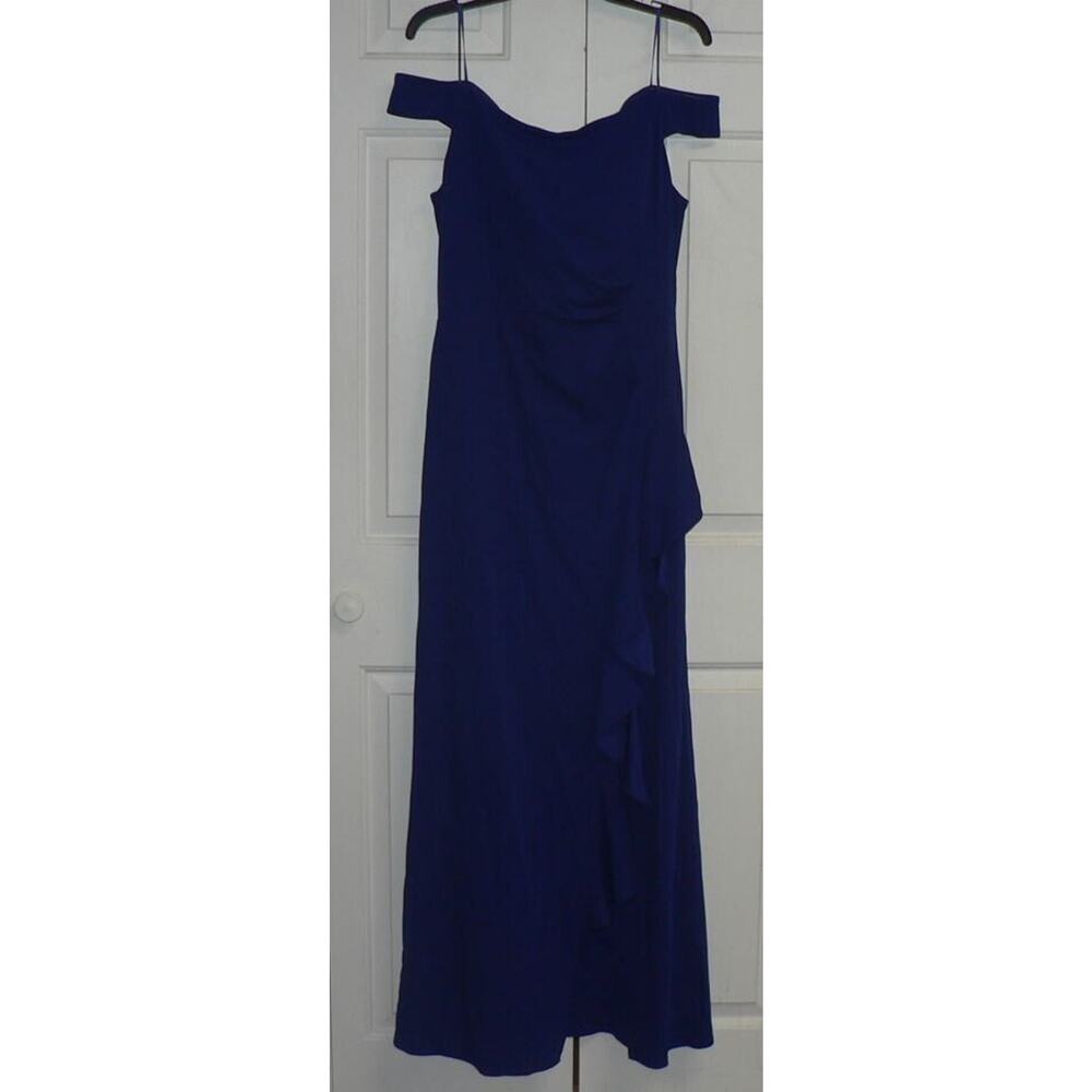 Ignite Evenings Off the Shoulder Ruffle Drape Slit Crepe Gown Blue Size 16 $239‎